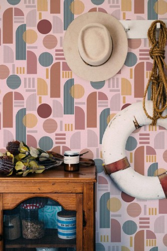 Coastal nautical style living room decorated with Light arch peel and stick wallpaper