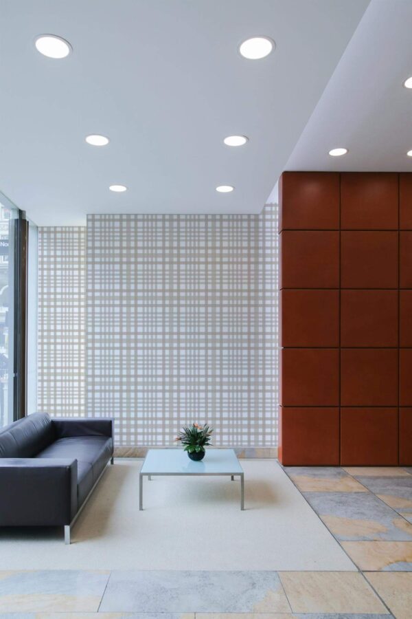 Minimal mid-century style living room decorated with Light neutral plaid peel and stick wallpaper