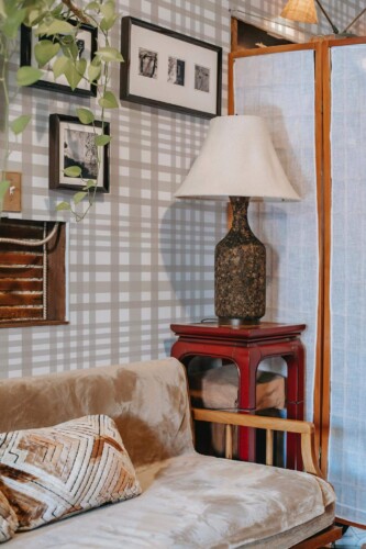 Southwestern style living room decorated with Light neutral plaid peel and stick wallpaper