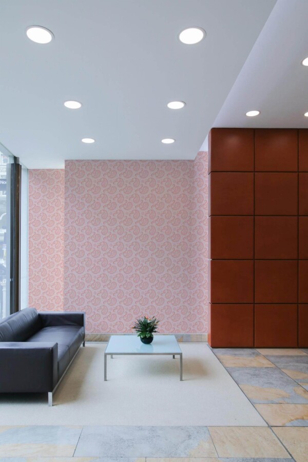 Minimal mid-century style living room decorated with Light pink paisley peel and stick wallpaper