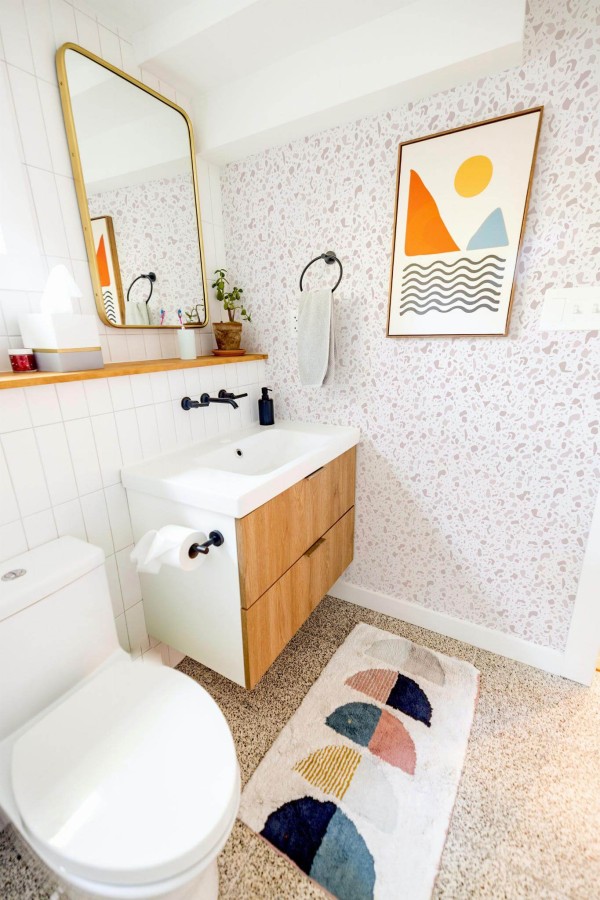 Modern boho style coffee bar decorated with Light pink terrazzo peel and stick wallpaper