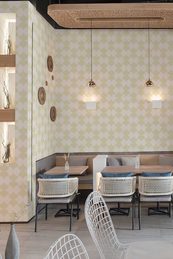 Cozy café booth seating area styled with Cozy Coffee Shop Classic wallpaper. The repeating geometric pattern adds a subtle vintage aesthetic, creating a welcoming atmosphere perfect for casual dining and conversation.
