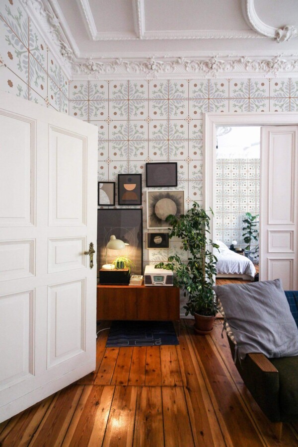 Mid-century modern luxury style living room and bedroom decorated with Light tiles peel and stick wallpaper
