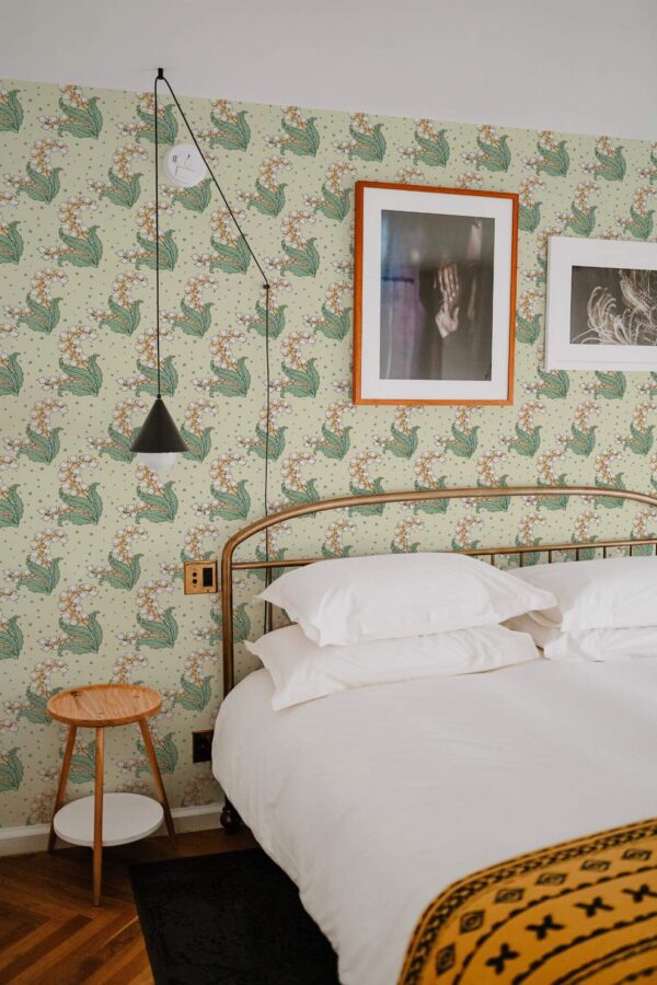 Minimal boho style bedroom decorated with Lily of the valley peel and stick wallpaper