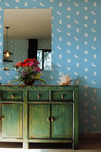 Industrial style living room decorated with Line and dot Brush stroke peel and stick wallpaper