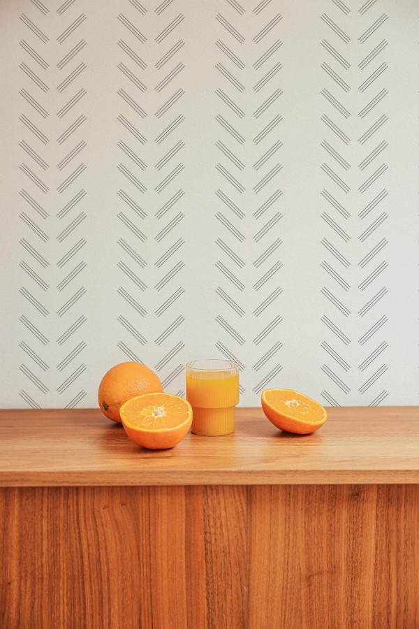 Mid-century style living room decorated with Line herringbone peel and stick wallpaper