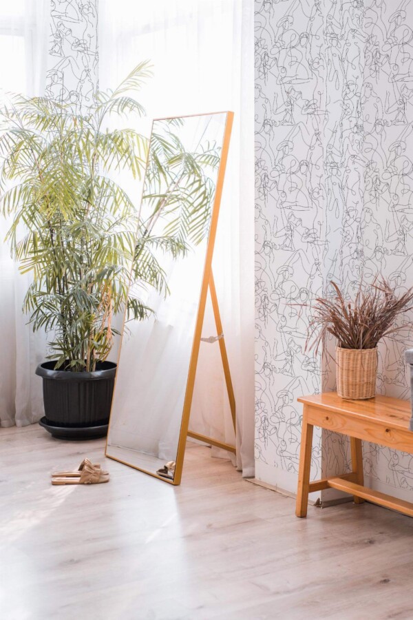 Boho style powder corner decorated with Lined lady body peel and stick wallpaper