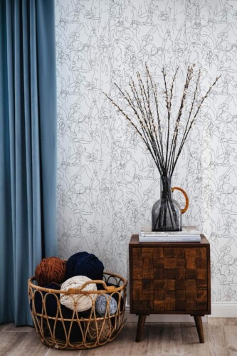 Coastal style living room decorated with Lined lady body peel and stick wallpaper
