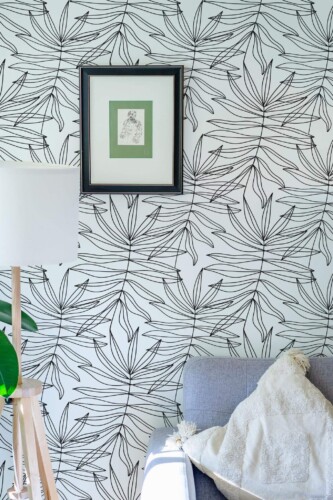Eastern European style living room decorated with Lined palm leaves peel and stick wallpaper