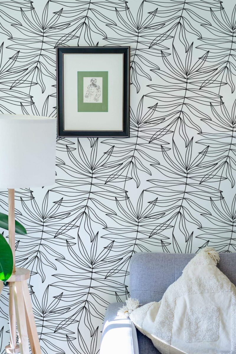 Eastern European style living room decorated with Lined palm leaves peel and stick wallpaper