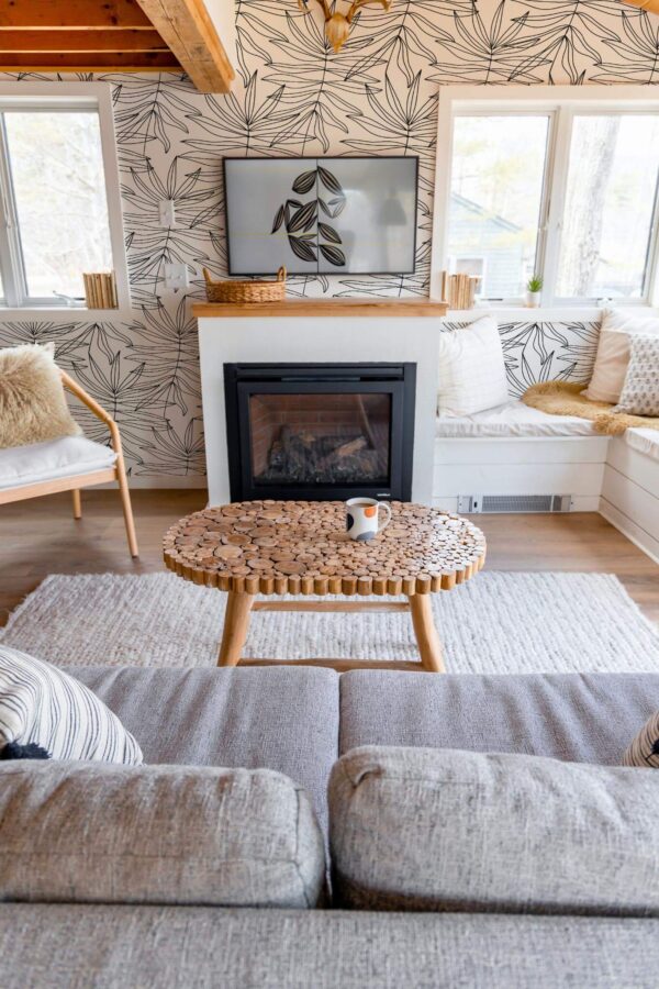 Farmhouse boho style living room decorated with Lined palm leaves peel and stick wallpaper