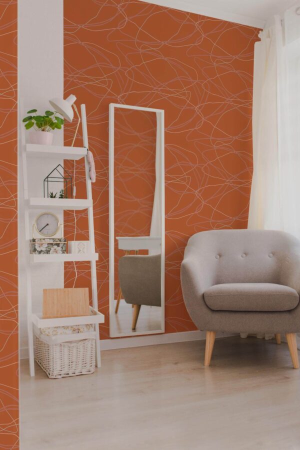 Light boho style living room decorated with Lines in the sand peel and stick wallpaper
