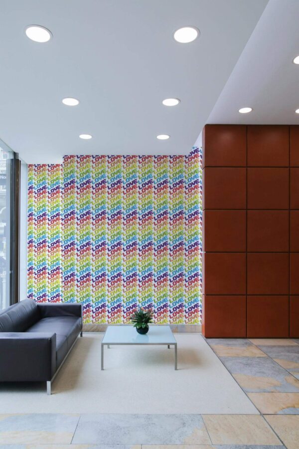 Minimal mid-century style living room decorated with Love is love peel and stick wallpaper