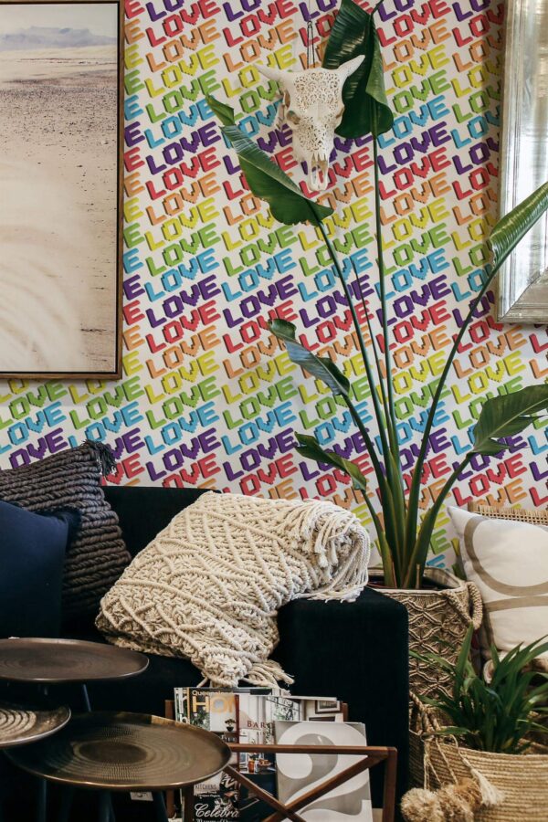 Scandinavian style living room decorated with Love is love peel and stick wallpaper