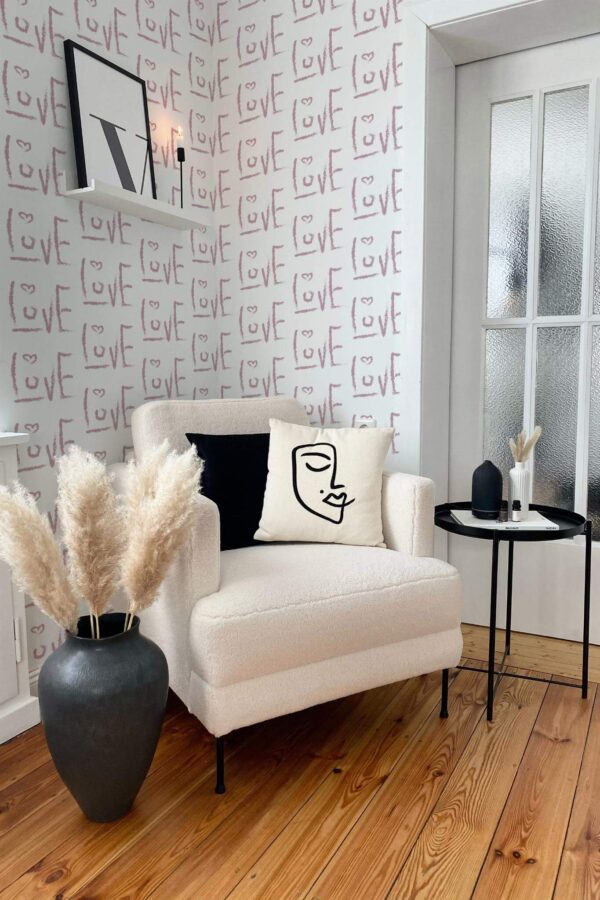 Modern boho style living room decorated with Love pattern peel and stick wallpaper