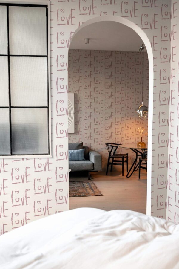 Modern scandinavian style living room decorated with Love pattern peel and stick wallpaper