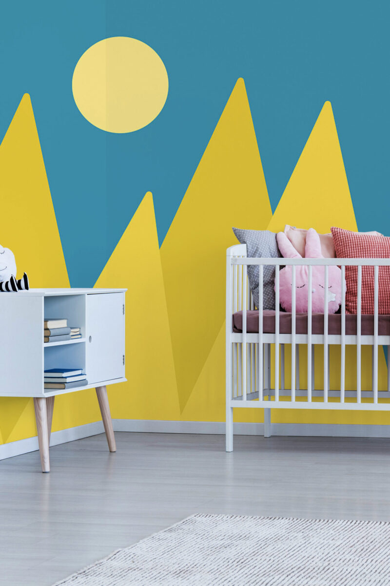 Nightfall peel and stick or non-pasted wall mural. Fancy Walls removable self-adhesive or traditional bold geometric mountain eco-friendly and PVC-free kids room mural for walls