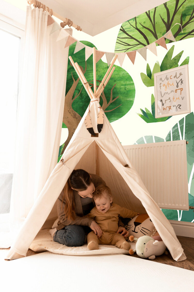 Lush Forest peel and stick or non-pasted bold wall mural. Fancy Walls removable self-adhesive or traditional nursery and kids room eco-friendly and PVC-free woodland mural for walls