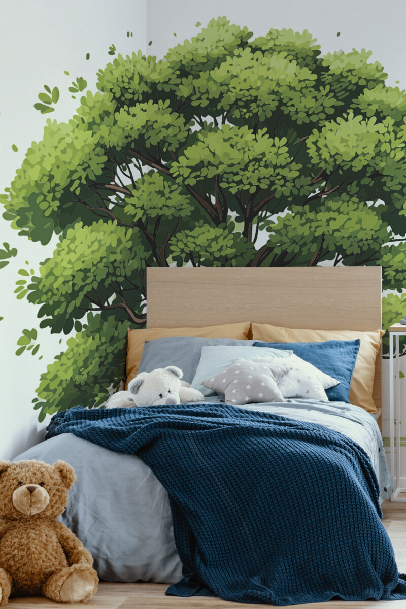 Oak Wall Mural with a green bold drawn oak tree on a white background, perfect for kids’ rooms, nurseries, or playful accent walls.