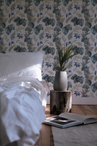 Minimal scandinavian style bedroom decorated with Lush tropical leaf peel and stick wallpaper