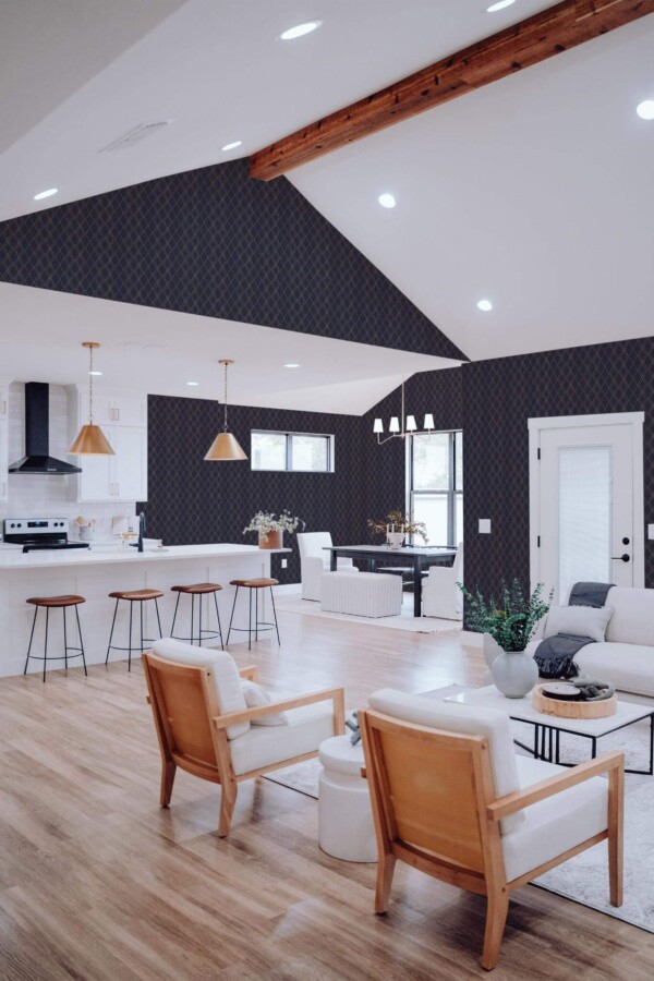 Contemporary style living room and kitchendecorated with Luxury geometric peel and stick wallpaper