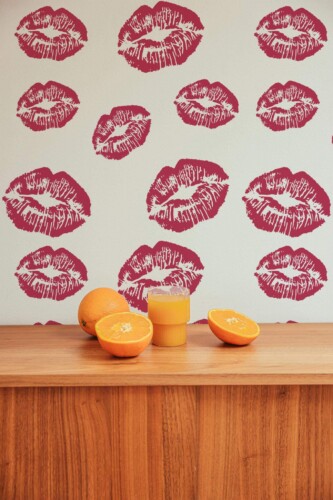 Mid-century style living room decorated with Magenta girly lips peel and stick wallpaper