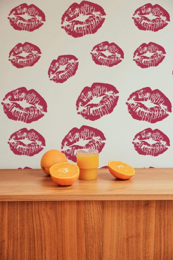 Mid-century style living room decorated with Magenta girly lips peel and stick wallpaper