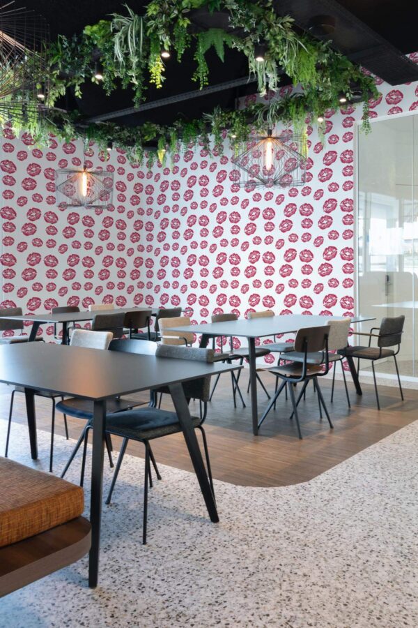 Modern style cafe decorated with Magenta girly lips peel and stick wallpaper