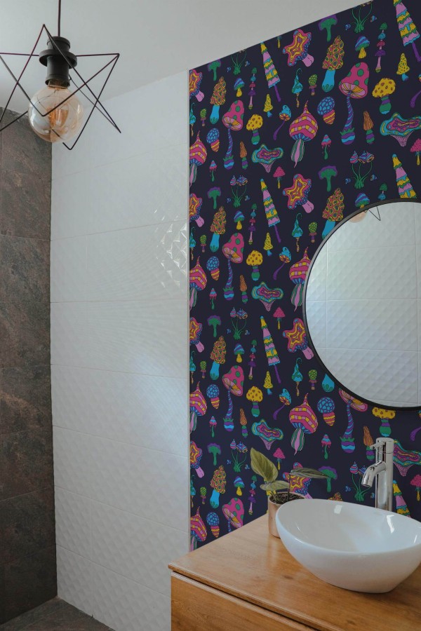 Modern style bathroom decorated with Magic mushrooms peel and stick wallpaper