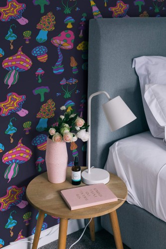 Rustic style bedroom decorated with Magic mushrooms peel and stick wallpaper