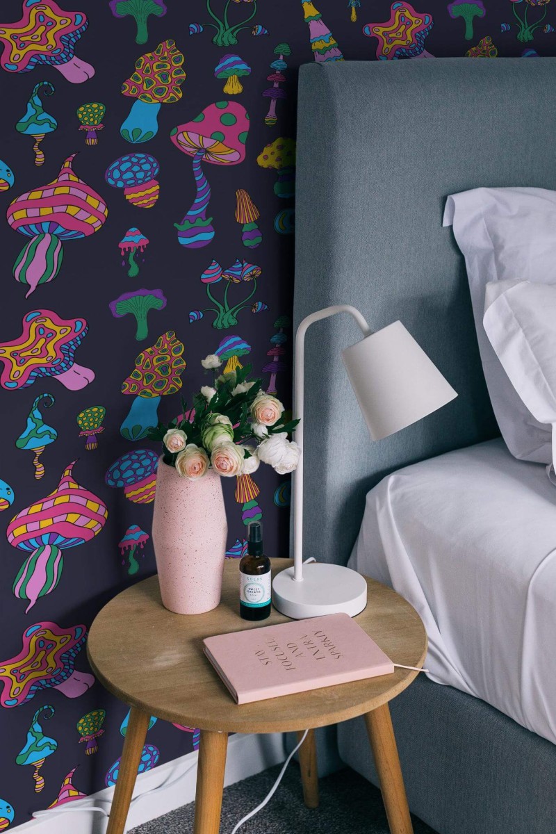Rustic style bedroom decorated with Magic mushrooms peel and stick wallpaper