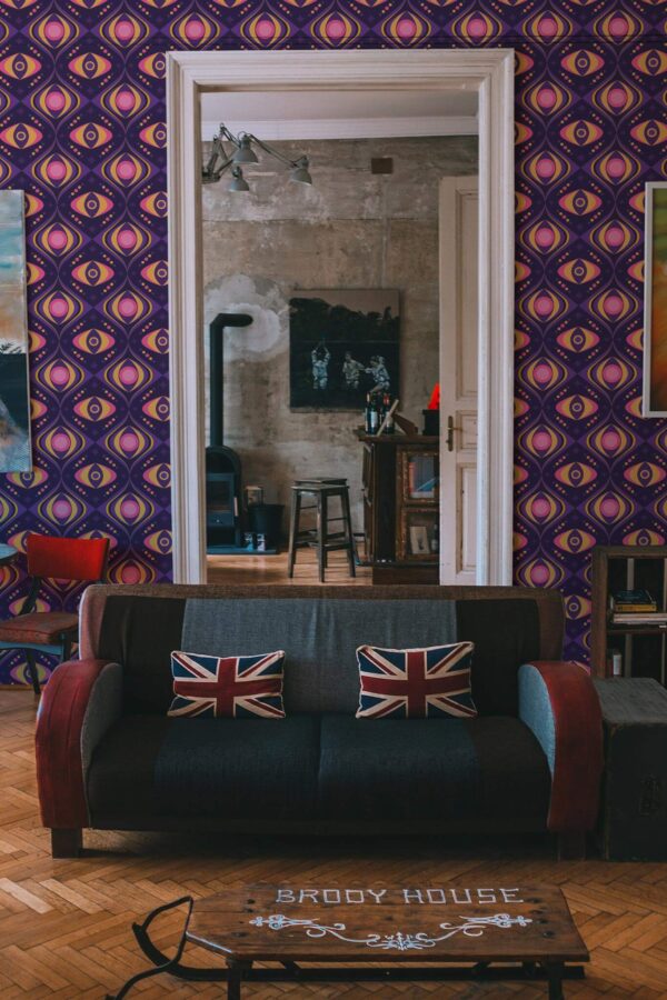 Industrial rustic style living dining room decorated with Magical retro peel and stick wallpaper