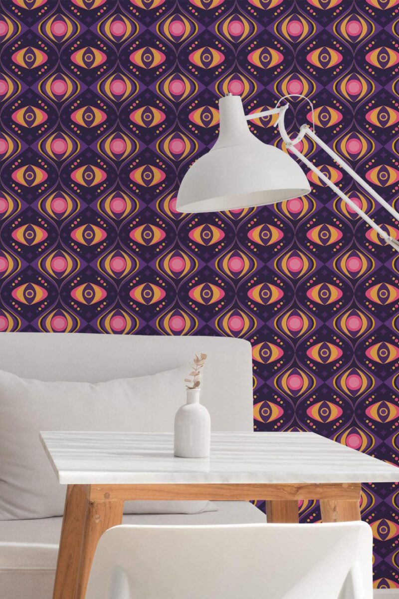 Minimal style dining room decorated with Magical retro peel and stick wallpaper