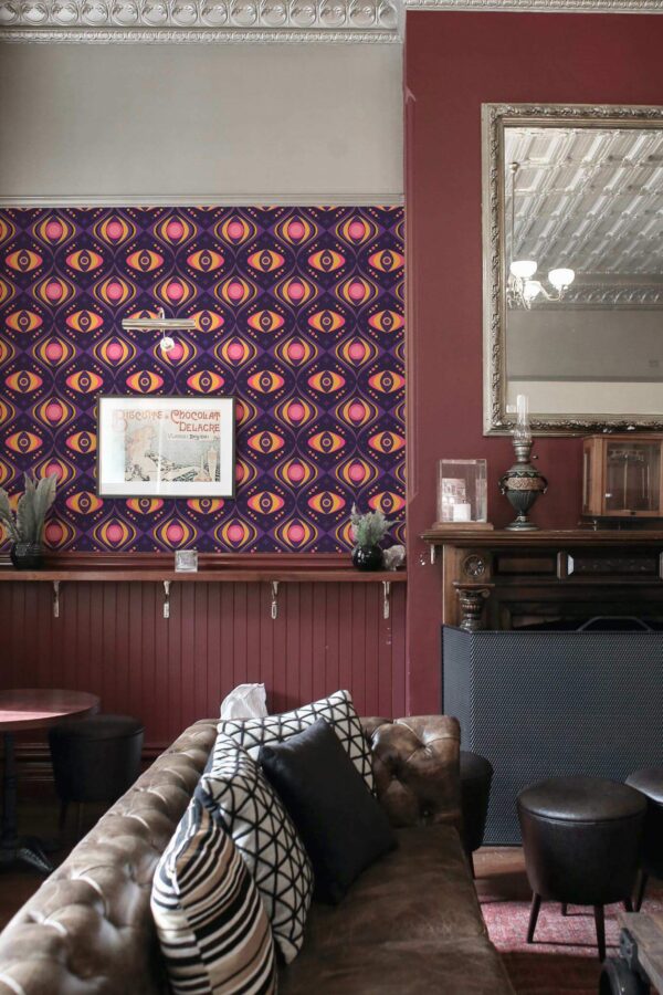 Rustic traditional style living room decorated with Magical retro peel and stick wallpaper