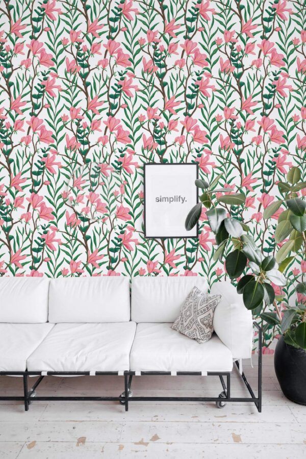Minimal industrial style living room decorated with Magnolia peel and stick wallpaper