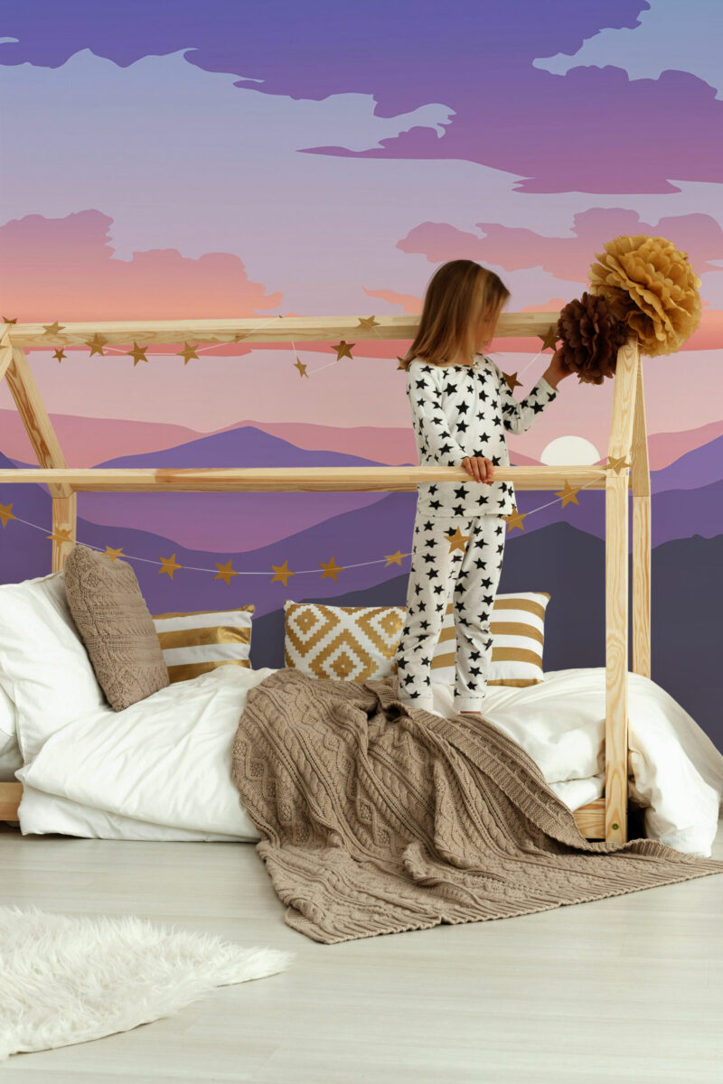 Purple Sunset peel and stick or non-pasted wall mural. Fancy Walls removable self-adhesive or traditional majestic purple mountain PVC-free and eco-friendly mural wallpaper