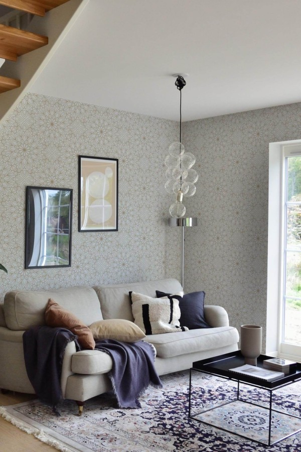 Contemporary style living room and kitchendecorated with Mandala floral peel and stick wallpaper