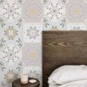 Farmhouse style bedroom decorated with Mandala Tile peel and stick wallpaper