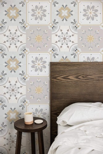 Farmhouse style bedroom decorated with Mandala Tile peel and stick wallpaper