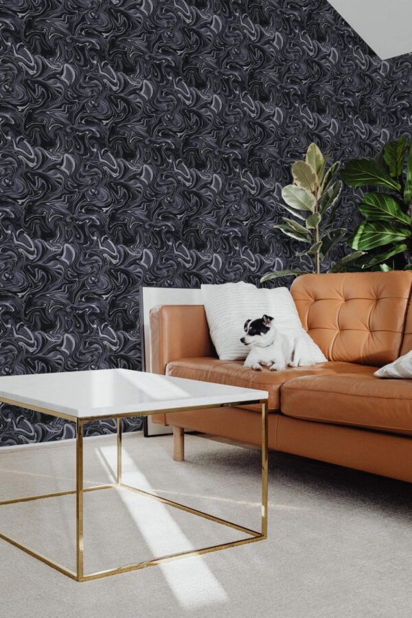 Mid-century modern style living room with dog on a sofa decorated with Marble abstract peel and stick wallpaper