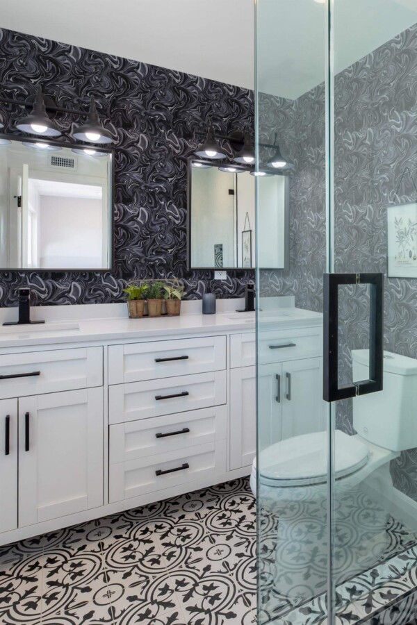 Rustic farmhouse style bathroom decorated with Marble abstract peel and stick wallpaper