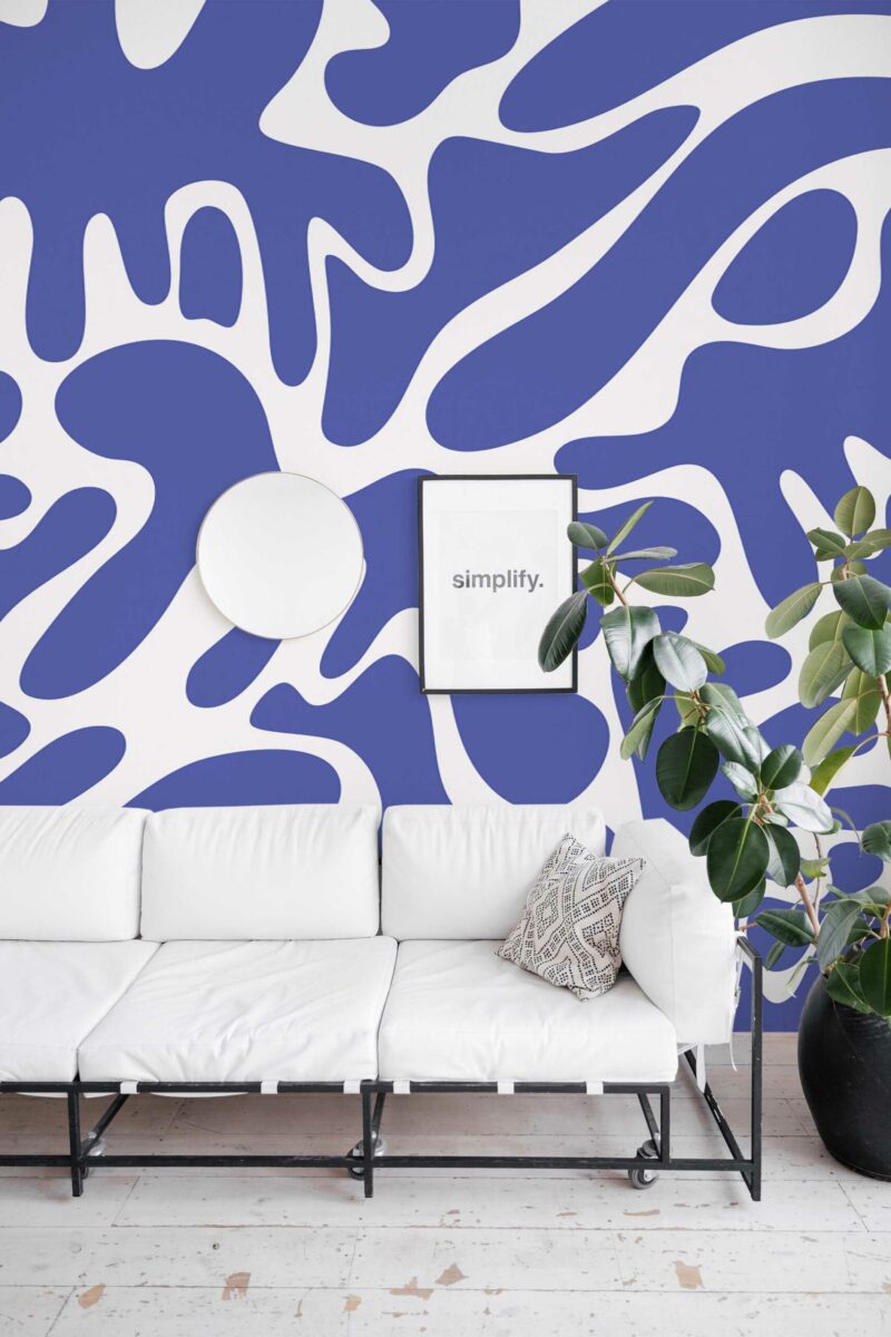 Artistic Matisse peel and stick or non-pasted wall mural. Abstract purple and white accent wall mural with playful cutout design for modern interiors.