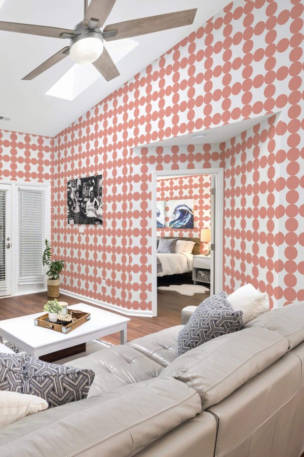Coastal scandinavian style living room and bedroom decorated with Mauve circle grid peel and stick wallpaper