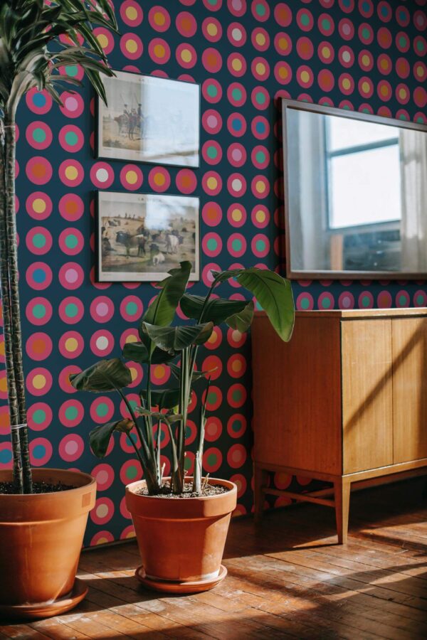 Mid-century modern style living room decorated with Maximalist circles peel and stick wallpaper
