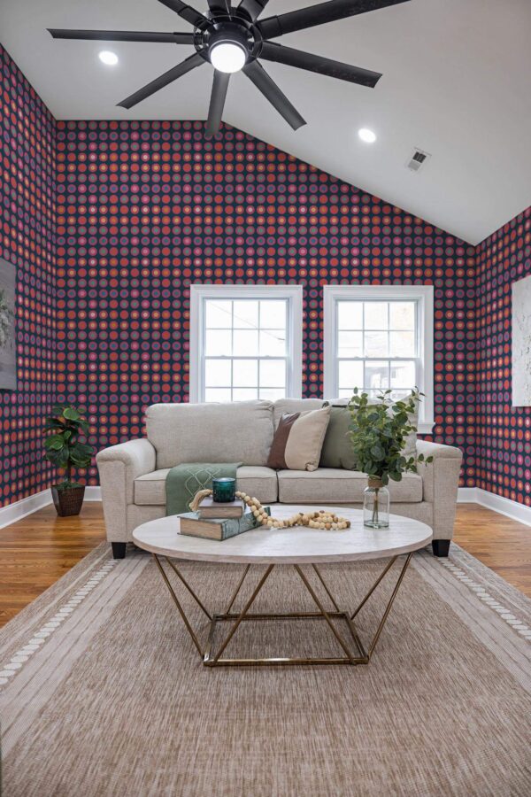 Scandinavian style living room decorated with Maximalist circles peel and stick wallpaper