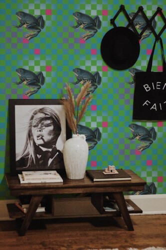 Rustic farmhouse style entryway decorated with Maximalist frog peel and stick wallpaper