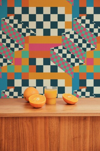 Mid-century style living room decorated with Maximalist pattern peel and stick wallpaper