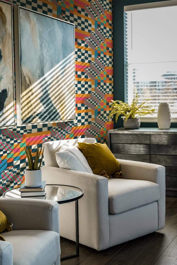 Shabby chic style living room decorated with Maximalist pattern peel and stick wallpaper