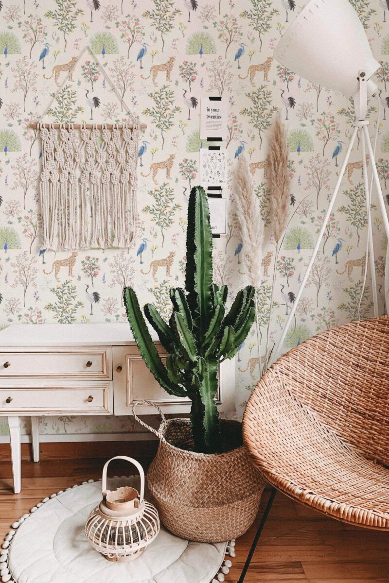 Bohemian style living room decorated with Menagerie peel and stick wallpaper