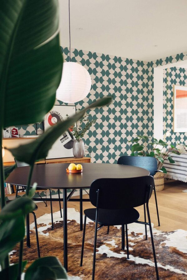 Scandinavian style dining room decorated with Mid-century arches peel and stick wallpaper